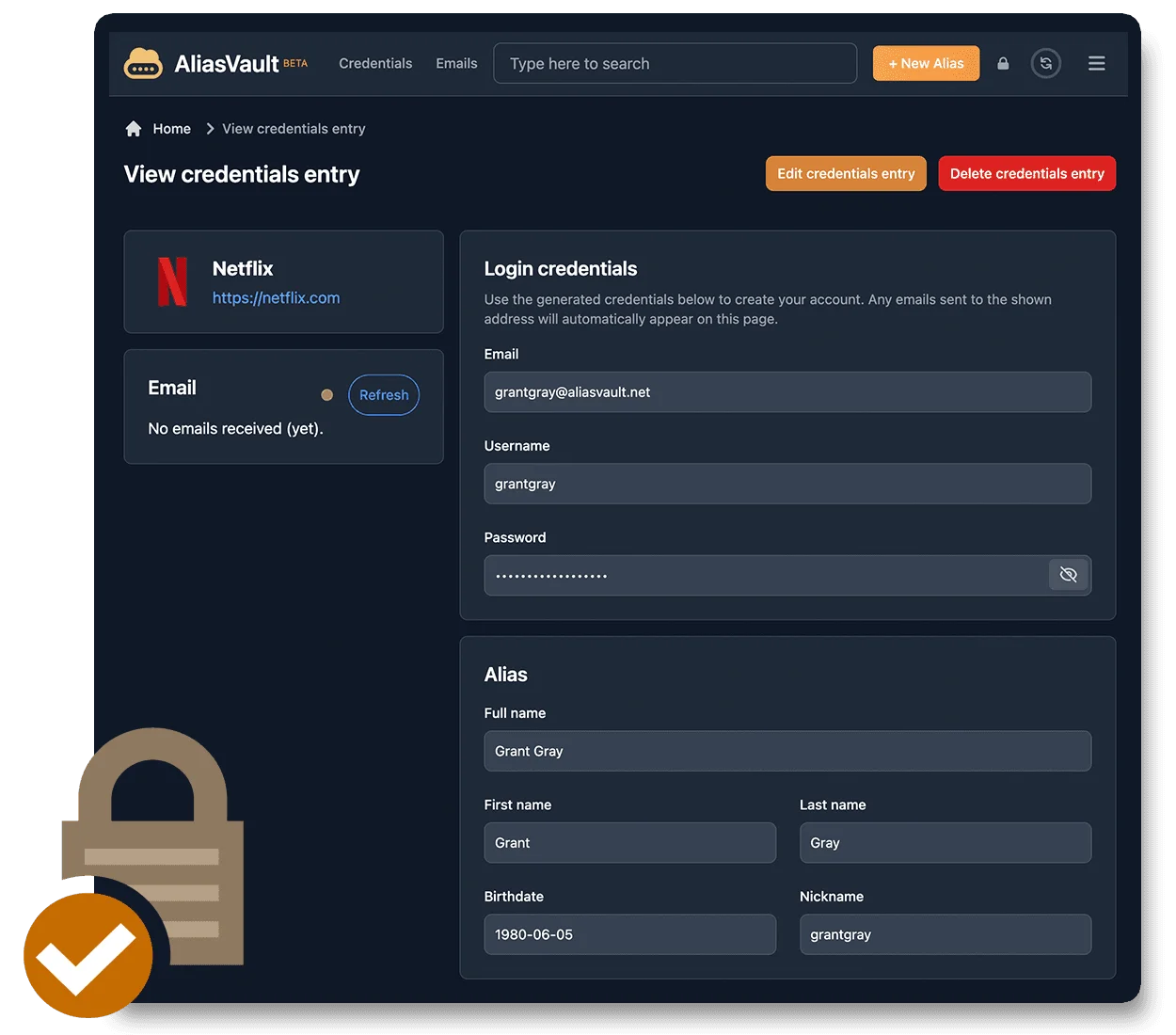 AliasVault web app showing the password vault list with email alias entries and credential details