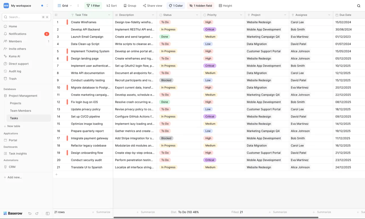Baserow no-code database interface showing a table view with records
