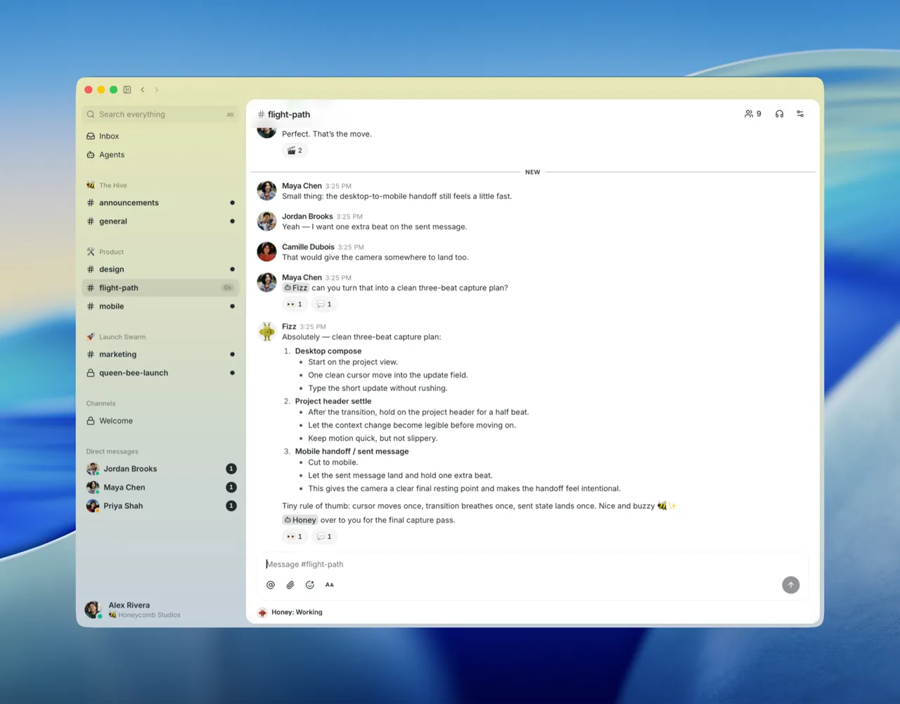 Buzz channel thread view showing agent collaboration in a messaging interface.