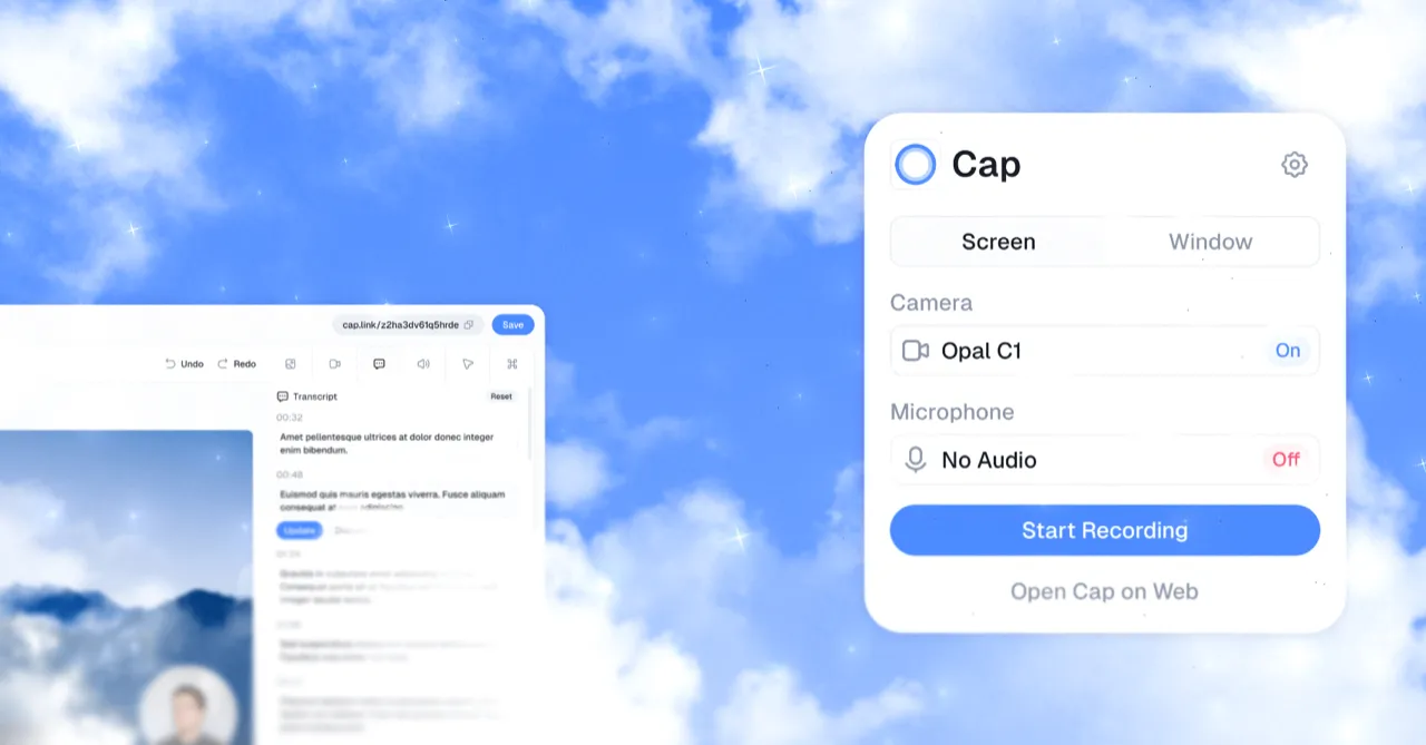 Cap screen recording interface showing capture controls and video library.