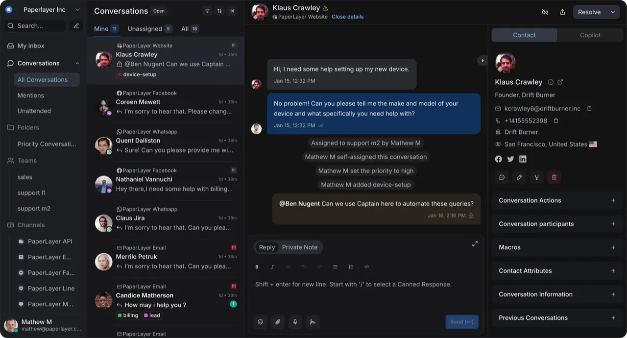 Chatwoot customer support dashboard in dark mode showing conversation list and reply pane.