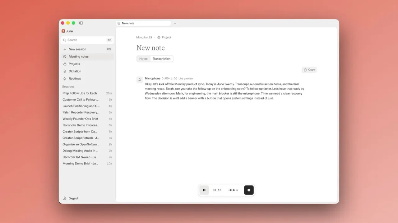 Clovy meeting notes interface showing a live transcription preview during a recorded session