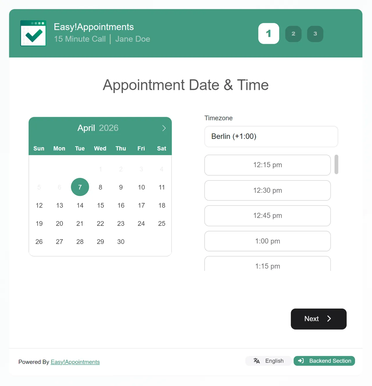 Easy!Appointments scheduling interface showing calendar and appointment booking