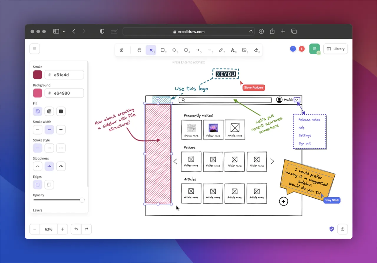 Excalidraw whiteboard canvas with hand-drawn style diagrams and shapes.