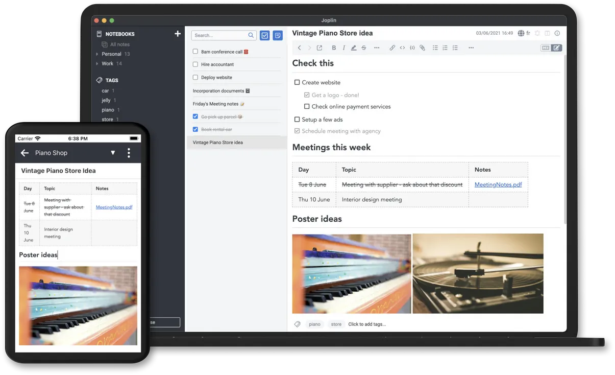 Joplin note-taking app showing notebook list, note editor, and preview pane