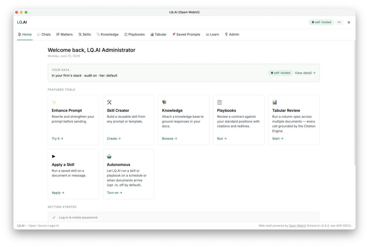LQ AI launcher home screen showing legal research interface with query input.