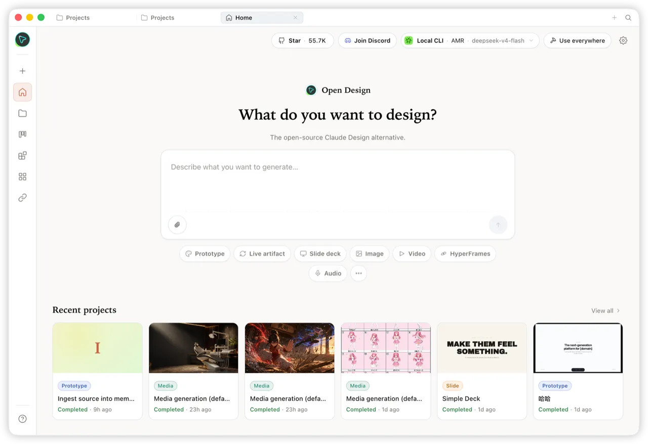 Open Design interface showing component library, canvas, and design token panel.