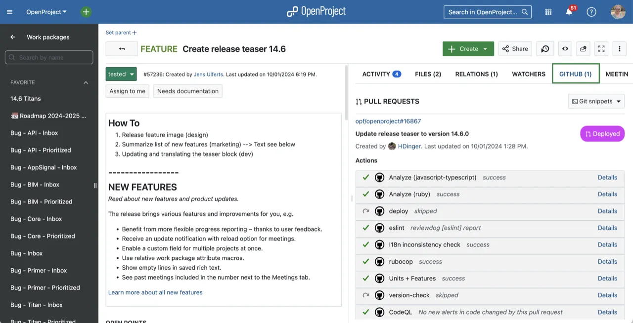 OpenProject project management interface showing work packages and Gantt view