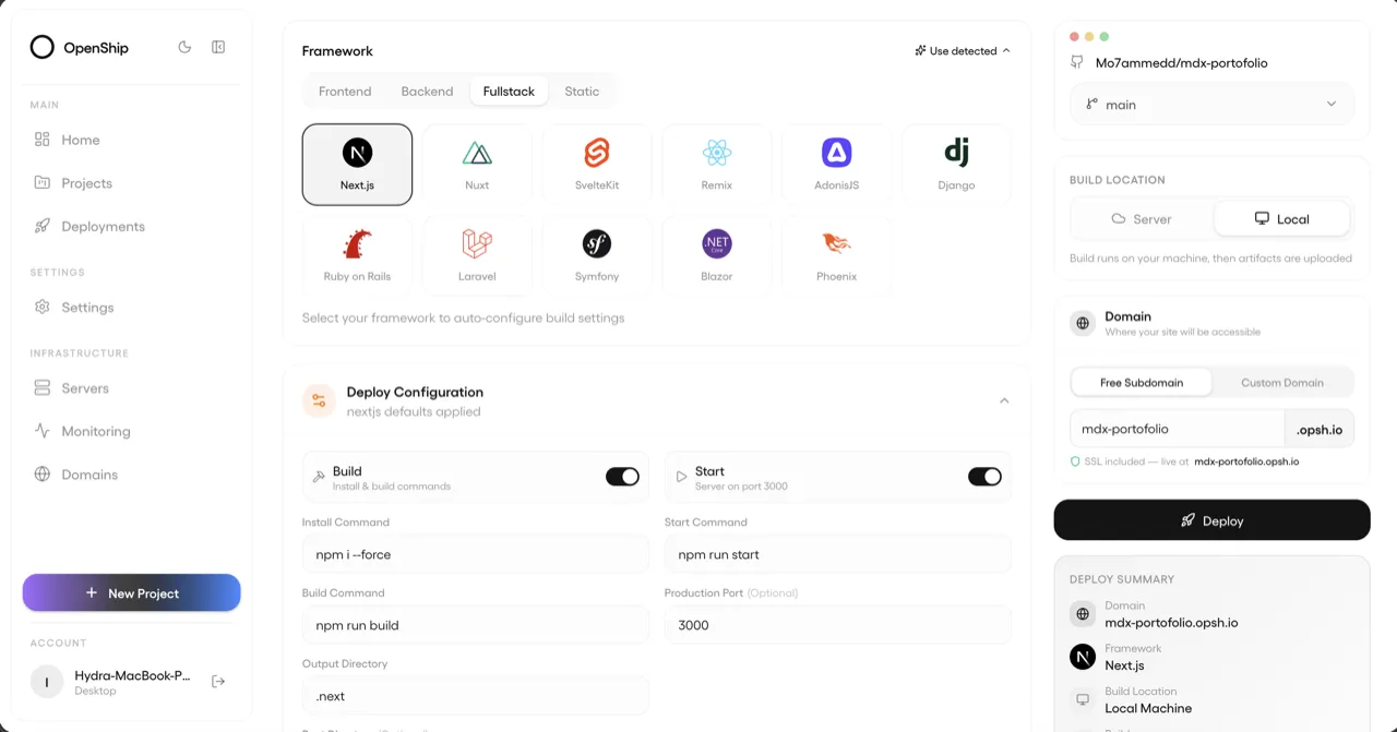 Openship deployment configuration screen showing framework selector (Next.js highlighted among Nuxt, SvelteKit, Remix, Django, and others), build command fields, and a deploy panel with domain and build location settings.