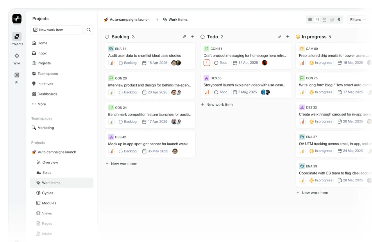 Plane project management board showing issues, cycles, and team workspace.